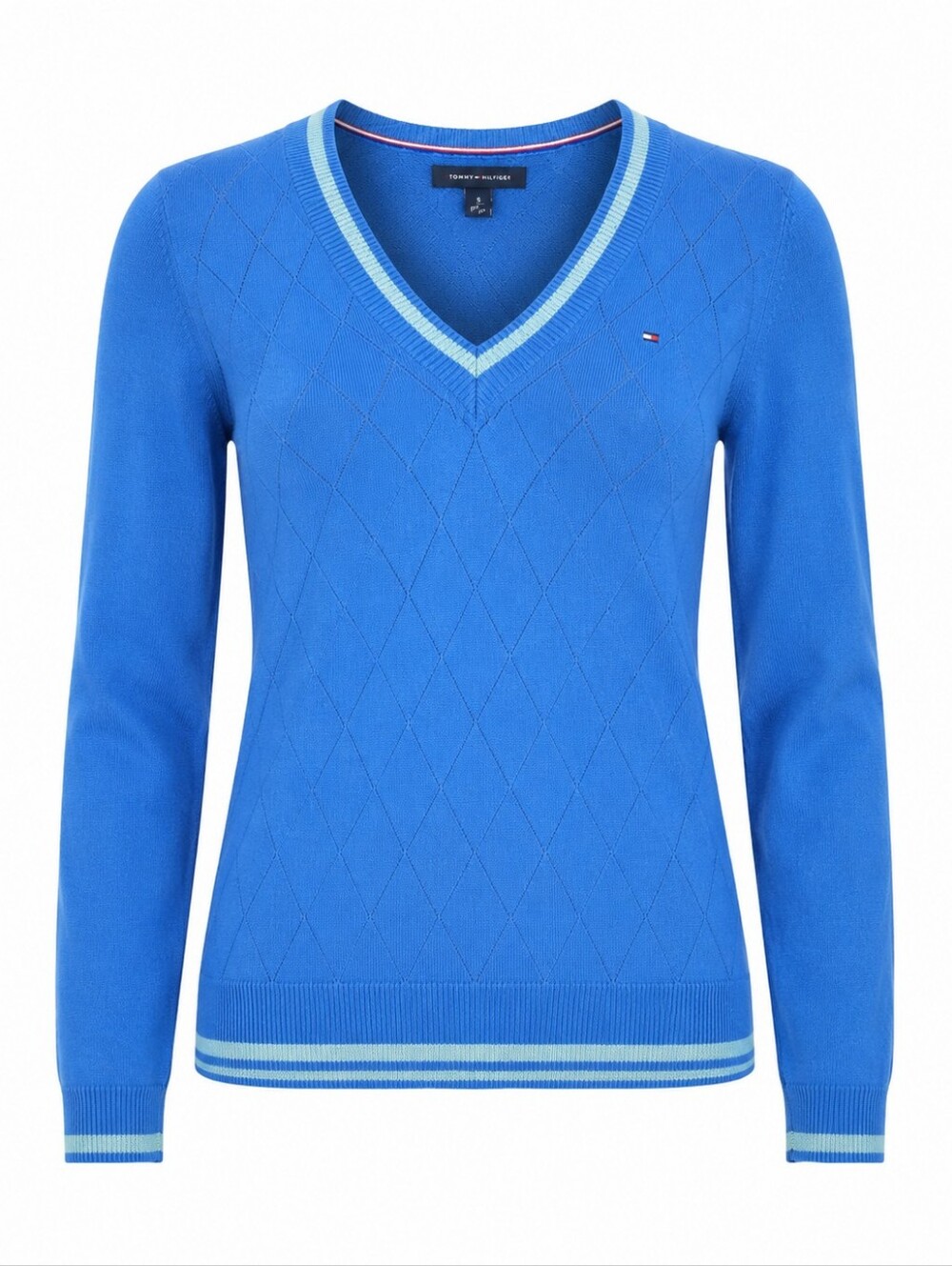 TOMMY‎ HILFIGER | Bright Blue White Stripe Cotton V-Neck Preppy Logo Sweater | S